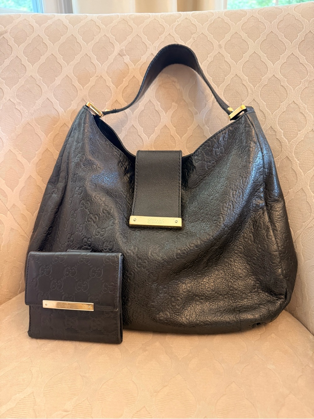 Gucci Guccissima Black Leather Hobo Bag & Matching Wallet
